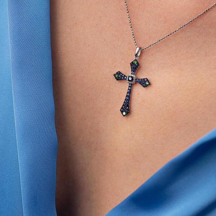 Золотий хрестик (сапфір, діамант, уваровит) пб0129gm від ювелірного магазину Онікс - 1