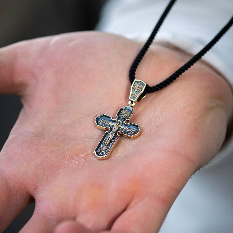 Православный золотой крест "Распятие Христово. Спас Нерукотворный. Икона Божией Матери знамение. Святитель Николай" п03908 от ювелирного магазина Оникс - 1