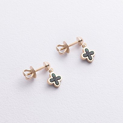 Золоті сережки - пусети "Конюшина" (малахіт) с09273 №2