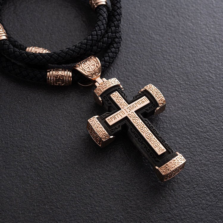 Чоловічий православний хрест з ебенового дерева та золота "Розп'яття. Спаси та Збережи" (на шнурку) кол02244 від ювелірного магазину Онікс - 1