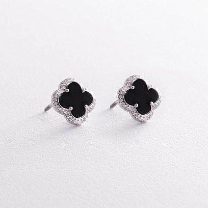 Срібні сережки - пусети "Конюшина" (онікс, фіаніти) 158/1о