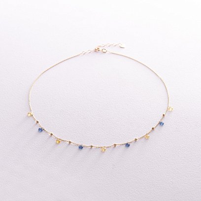 Золоте кольє "Незалежна" з кульками (сині та жовті фіаніти) кол02321