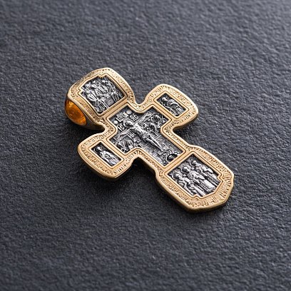 Серебряный крест "Распятие Христово.Святая Троица. Свт. Николай Чудотворец. Мч. Трифон. Три святителя. Икона Божией матери "Толгская". Ангел Хранитель. Прп. Сергий Радонежский. Свт. Спиридон Тримифунский" 132971