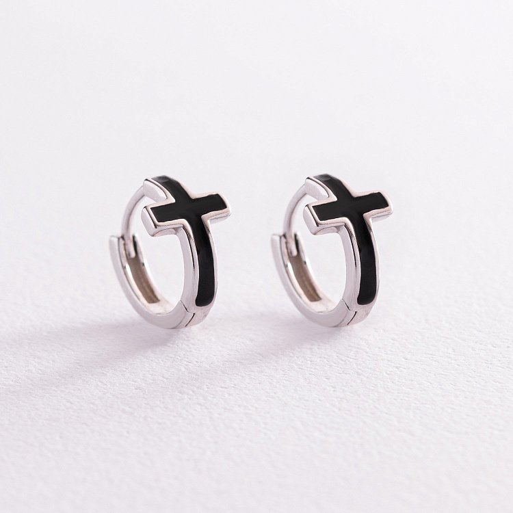 Серебряные серьги "Крестики" с эмалью 122260 от ювелирного магазина Оникс