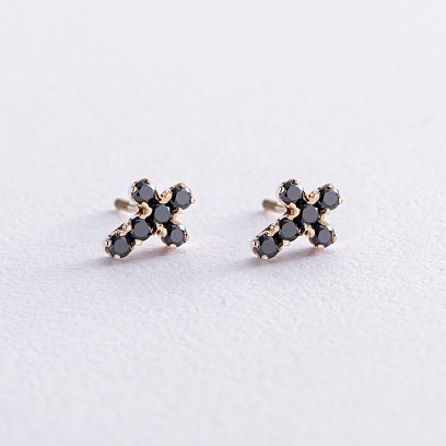 Золоті сережки - пусети "Хрестики" з чорними діамантами 322873122