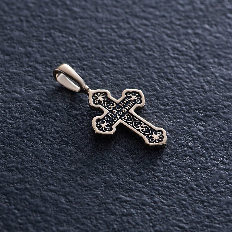 Золотий хрестик "Розп'яття. Спаси і Збережи" з чорнінням п03877 від ювелірного магазину Онікс - 2