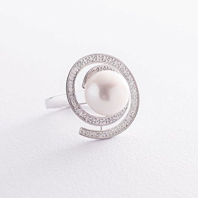 Золотое кольцо "Круговорот" с бриллиантами и жемчугом к748