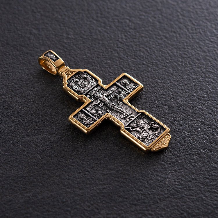 Срібний хрест "Розп'яття Христове. Архангел Михаїл. Микола Чудотворець. Казанська ікона" 132721 від ювелірного магазину Онікс - 1
