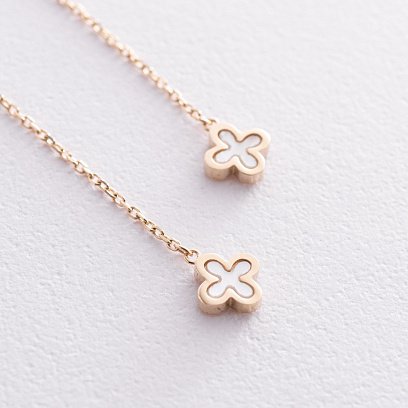 Золоті сережки - протяжки "Конюшина" з перламутром с08576 №3