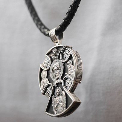 Чоловічий православний хрест "Спас Нерукотворний. Спаси і Збережи" з ебенового дерева та срібла 1272 №2