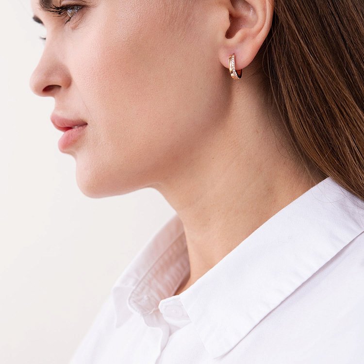 Золотые серьги - кольца с белыми фианитами с07446 от ювелирного магазина Оникс - 1