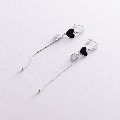 Серебряные серьги "Сердечки" (эмаль, фианит) 122789 №2