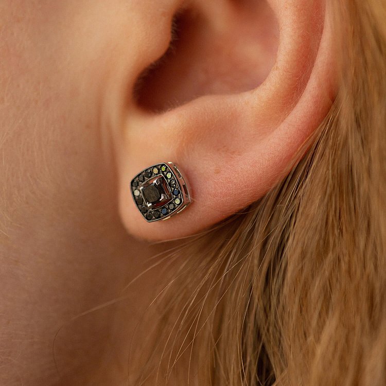 Золоті сережки - пусети 2 в 1 з чорними діамантами 332921122 від ювелірного магазину Онікс - 10