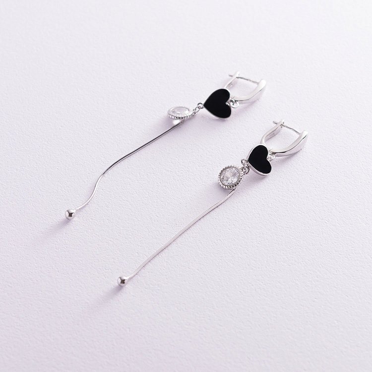 Серебряные серьги "Сердечки" (эмаль, фианит) 122789 от ювелирного магазина Оникс - 1