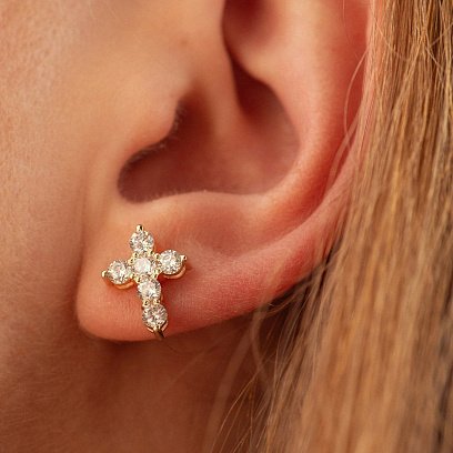 Серьги - пусеты "Крестики" в желтом золоте (фианиты) с09036 №2