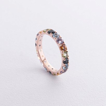 Золотое кольцо с дорожкой разноцветных натуральных камней к07526