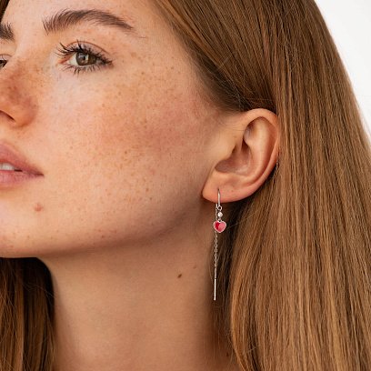 Серебряные серьги - протяжки "Сердечки" (эмаль, фианиты) 123443 №2