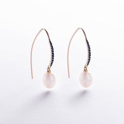 Золоті сережки - петельки "Олівія" з перлами і фіанітами с08518