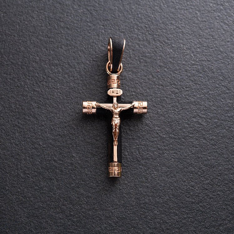 Мужской православный крест "Распятие. Спаси и Сохрани" (на укр. языке) из эбенового дерева и золота п03473 - 3 Мужской православный крест "Распятие. Спаси и Сохрани" (на укр. языке) из эбенового дерева и золота п03473 от ювелирного магазина Оникс - 3