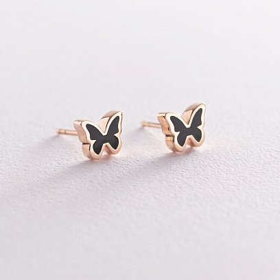 Серьги - пусеты "Бабочки" в красном золоте (эмаль) с06621