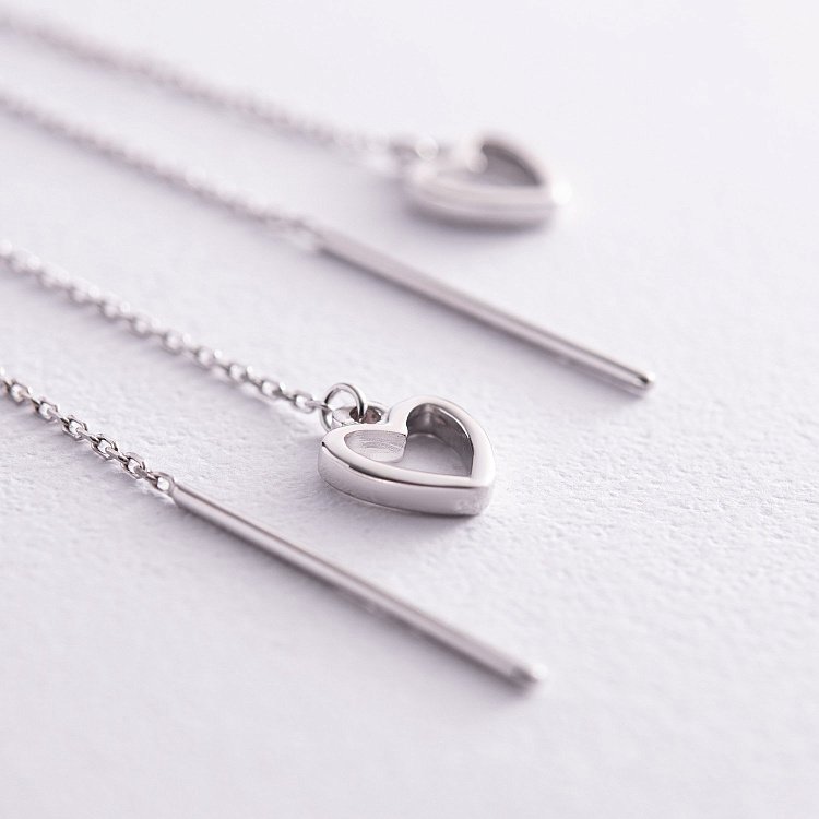 Серьги - протяжки "Сердечки" в белом золоте с08005 от ювелирного магазина Оникс - 2