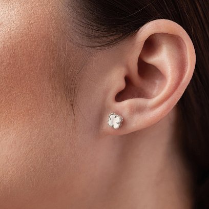 Cерьги - пусеты "Клевер" с перламутром mini (белое золото) с08413 №4