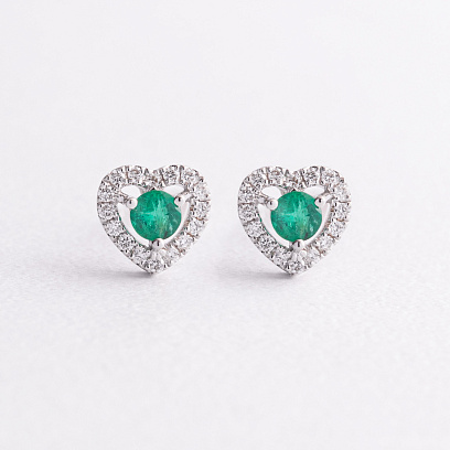 Золоті сережки - пусети "Сердечки" зі смарагдами та діамантами сб0507ca №7