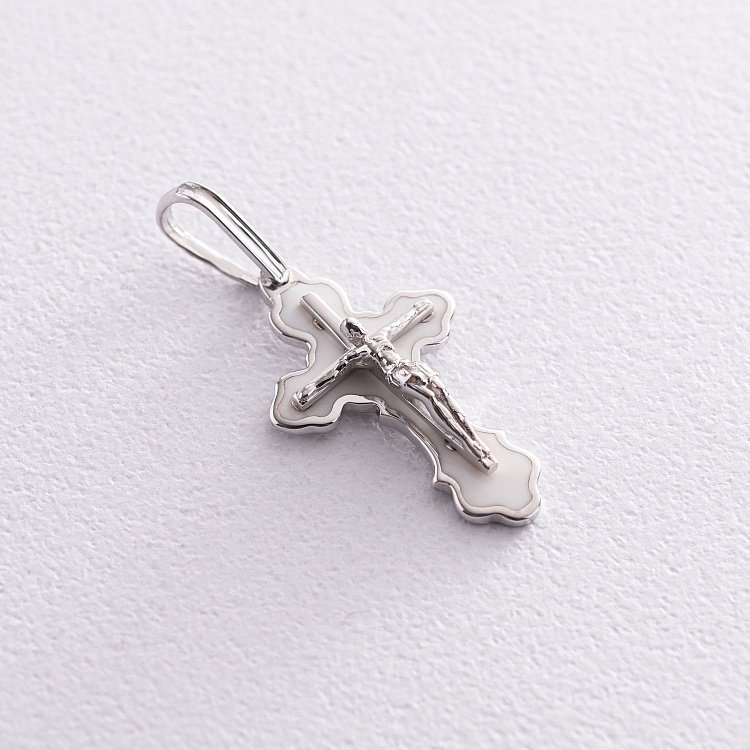 Серебряный крестик с эмалью "Распятие. Спаси и Сохрани" 250047а от ювелирного магазина Оникс