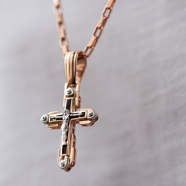 Православный крест "Распятие. Спаси и Сохрани" (эмаль, фианиты) 270054Е от ювелирного магазина Оникс - 3