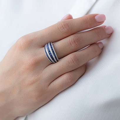 Золотое кольцо с синими сапфирами и бриллиантами R12484Saj №2