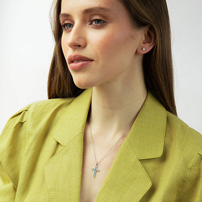 Крестик в белом золоте (бриллианты, изумруды) пб0408ri №2