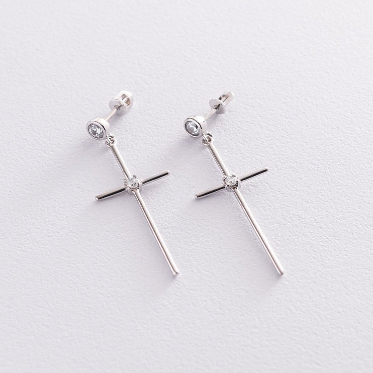 Серьги - пусеты "Кресты" в белом золоте (фианиты) с07368 от ювелирного магазина Оникс