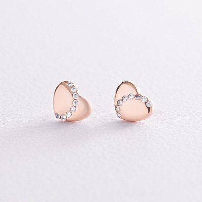 Золотые серьги - пусеты "Сердечки" с фианитами с08173