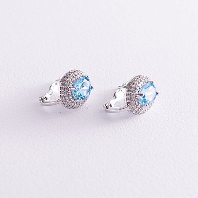Золоті сережки з блакитним топазом і фіанітами с04201 №3