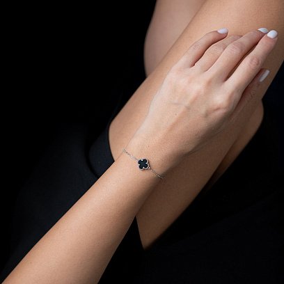 Подвійний браслет "Конюшина" в білому золоті (онікс) б04709 №8