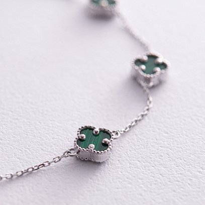 Браслет "Клевер" с малахитом mini (белое золото) б05250 №3