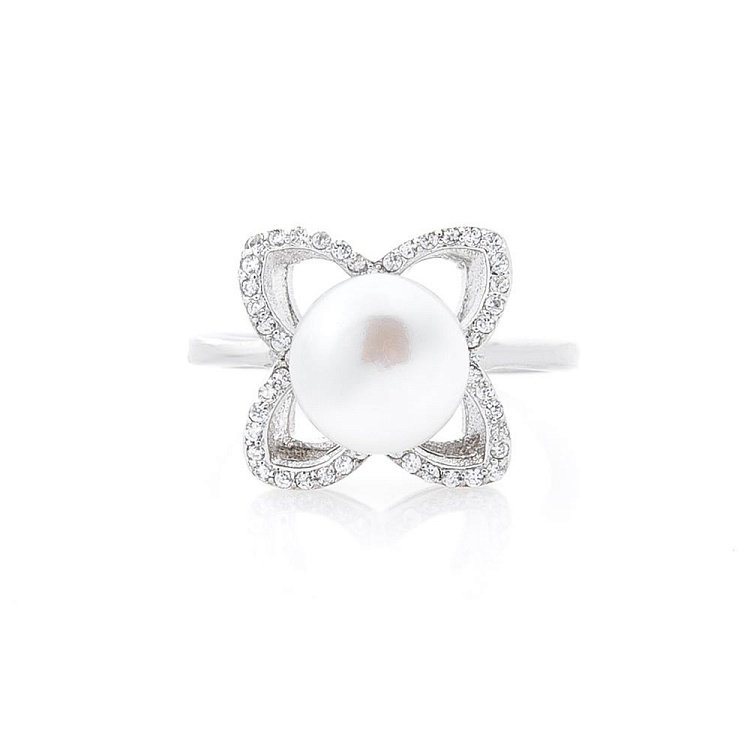 Серебряное кольцо "Клевер" с культ. пресн. жемчугом и фианитами 111788 от ювелирного магазина Оникс - 2