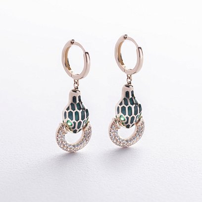 Золотые серьги "Змеи" (эмаль, фианит) с07017