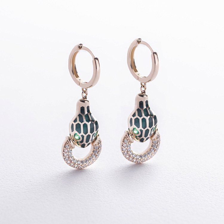 Золотые серьги "Змеи" (эмаль, фианит) с07017 от ювелирного магазина Оникс