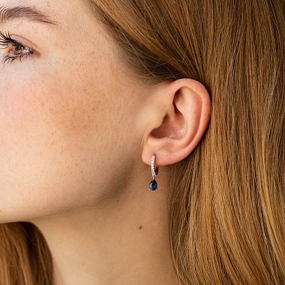 Золотые серьги - кольца "Капельки" (сапфиры, бриллианты) сб0510sm №2