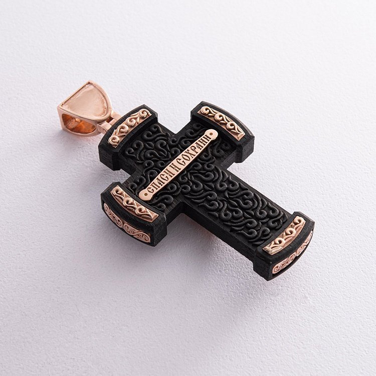Мужской православный крест "Распятие. Спаси и Сохрани" из эбенового дерева и золота 0001 от ювелирного магазина Оникс - 2
