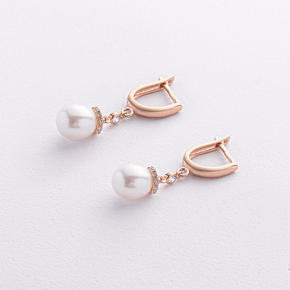 Серьги с жемчугом и фианитами (красное золото) с09690 №2