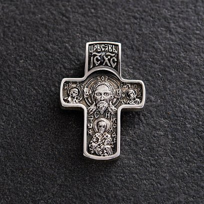 Серебряный крест "﻿Спас Нерукотворн​ый. Святитель Николай. Покров Пресвятой Богородицы" с чернением 132402