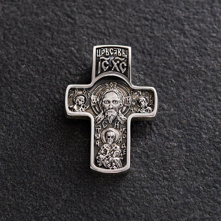 Серебряный крест "﻿Спас Нерукотворн​ый. Святитель Николай. Покров Пресвятой Богородицы" с чернением 132402 от ювелирного магазина Оникс