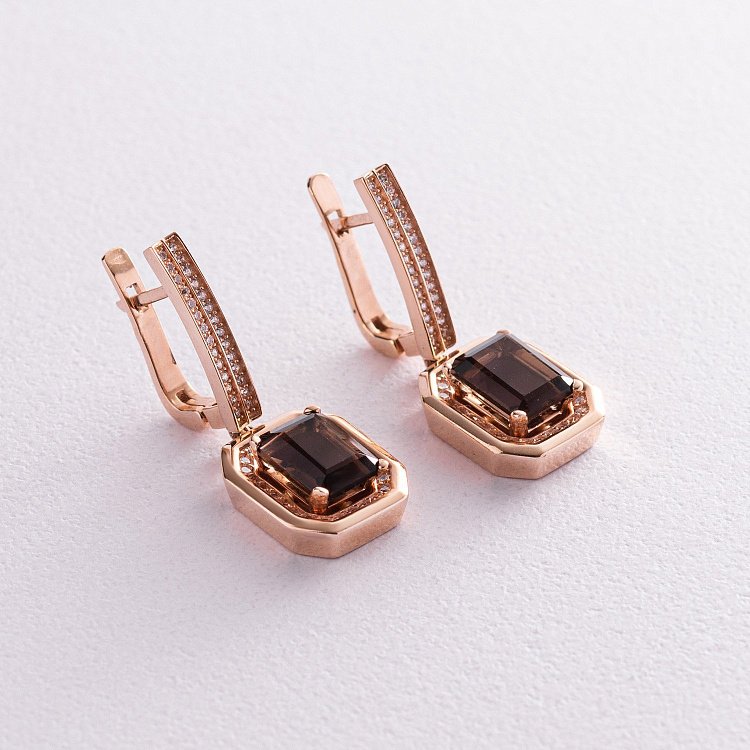Золотые серьги (дымчатый топаз, фианиты) с03335 от ювелирного магазина Оникс
