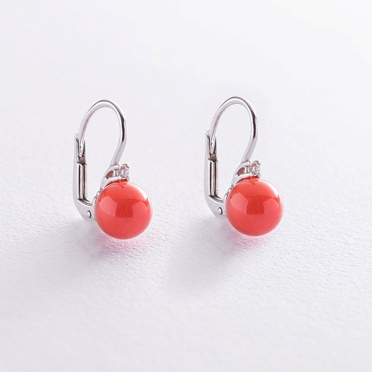 Золоті сережки "Кульки" з коралом і діамантами с303 від ювелірного магазину Онікс