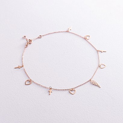 Браслет "Сердечки и крестики" на ногу (красное золото) б05125