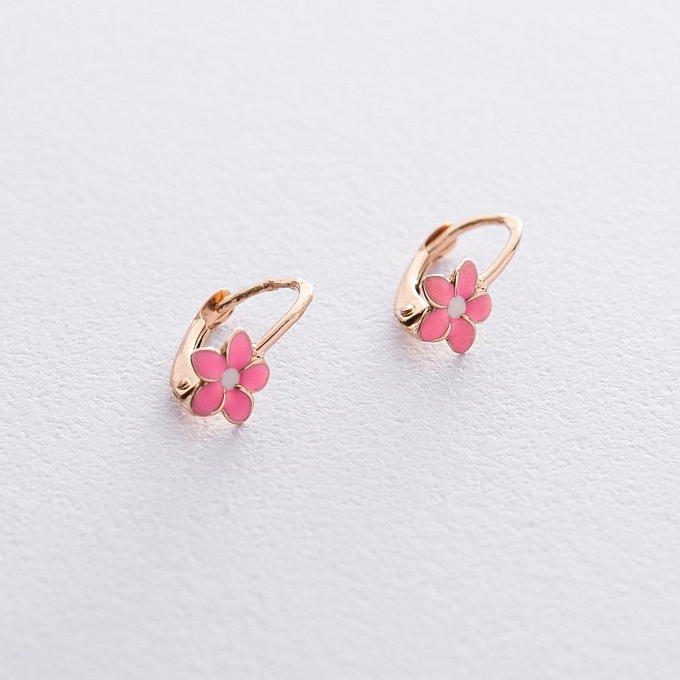 Золоті дитячі сережки "Квітки" з  з емаллю с01593 від ювелірного магазину Онікс