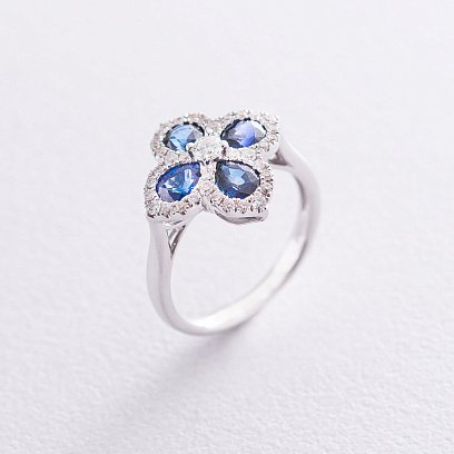 Золота каблучка "Конюшина" (діаманти, сапфіри) R01608mi