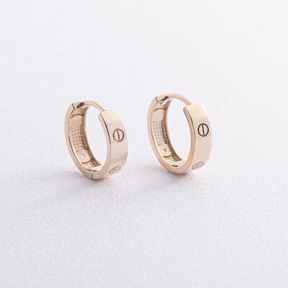 Серьги - кольца "Love" в желтом золоте (фианиты) с07652